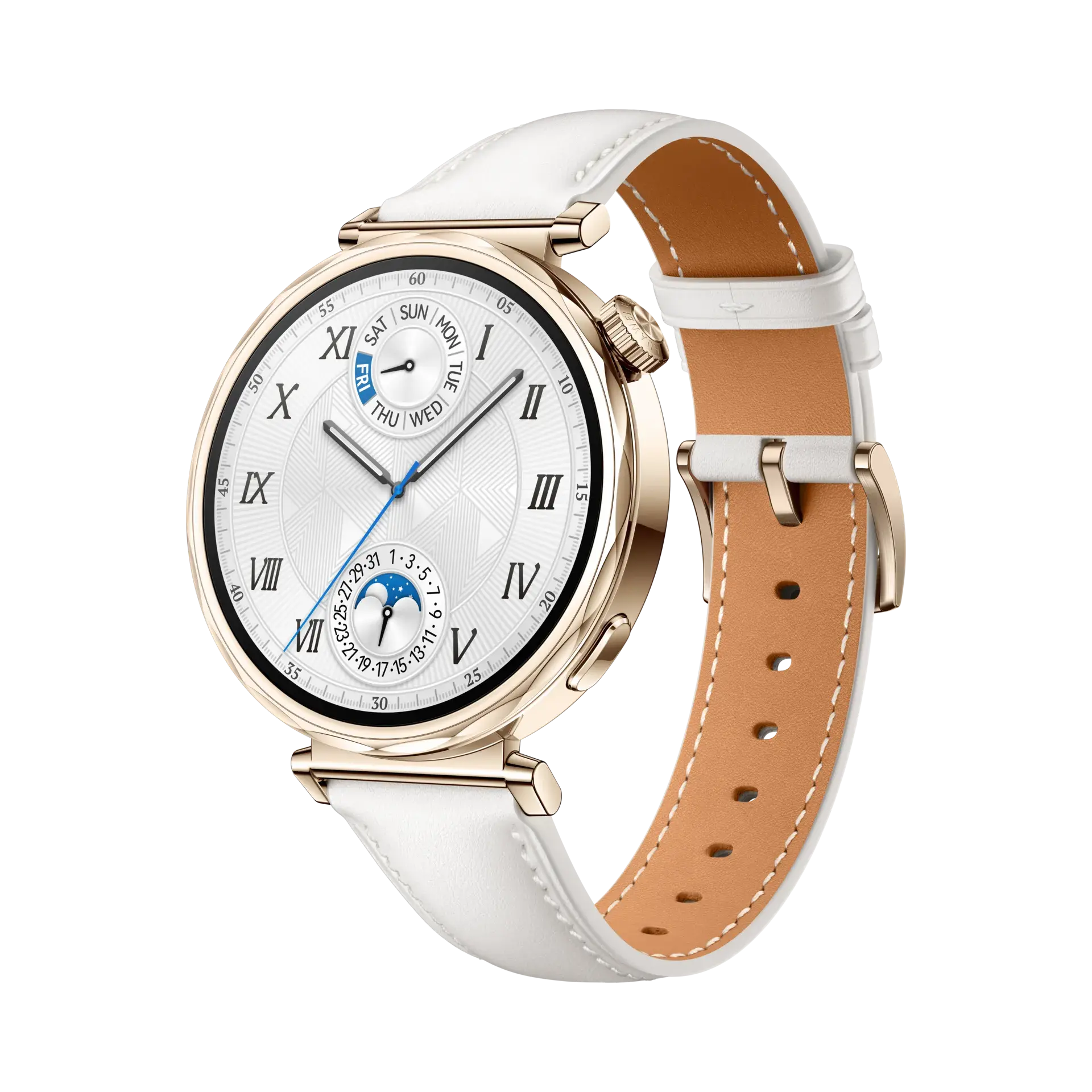 41mm/1.32inch AMOLED / White Composite Leather Strap.Front case:Gold stainless s
